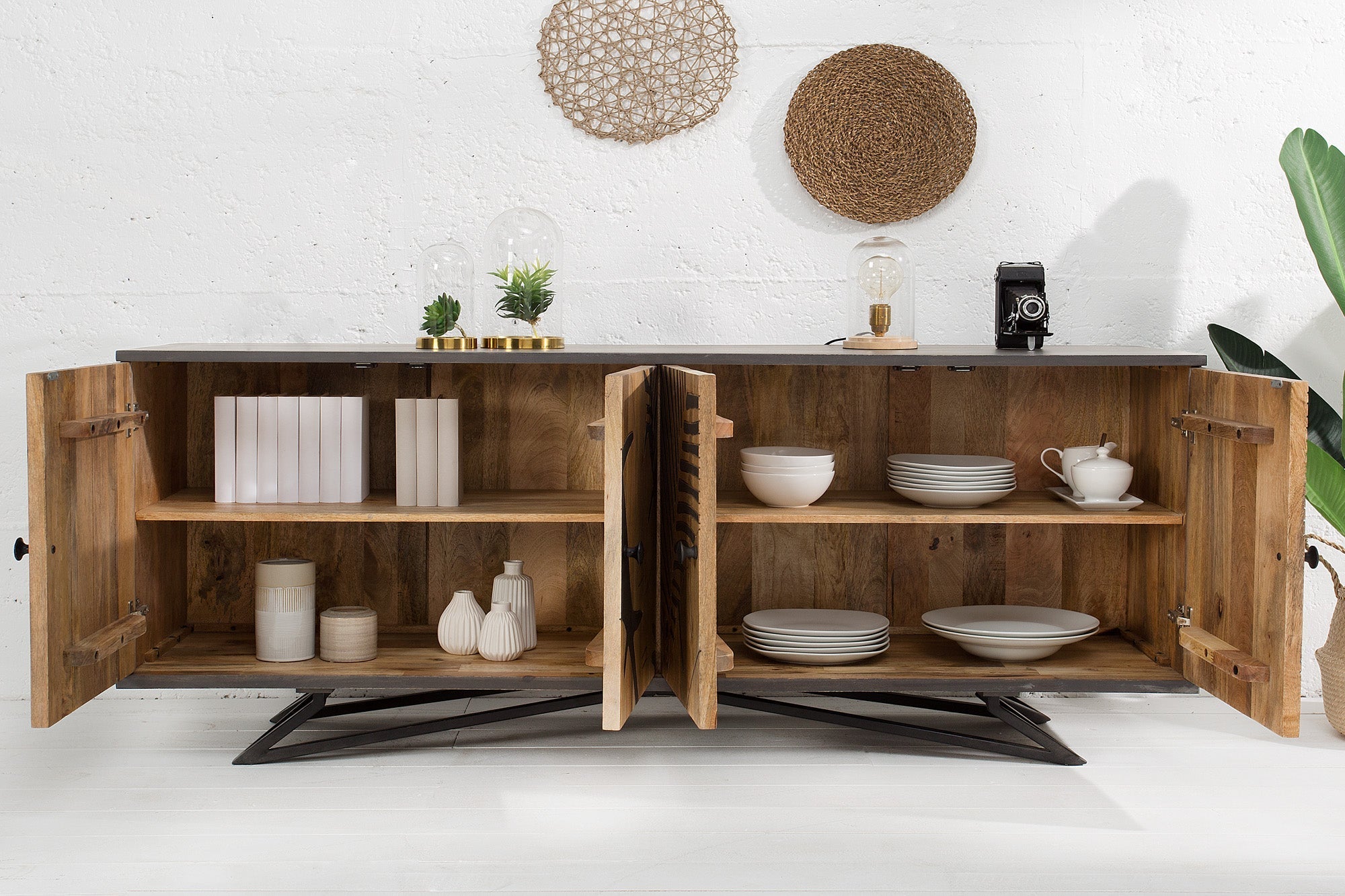 Buffet massif TROPICAL 160cm bois de manguier gris design floral bohème structure métal