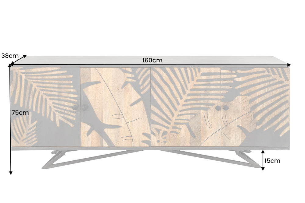Buffet massif TROPICAL 160cm bois de manguier gris design floral bohème structure métal