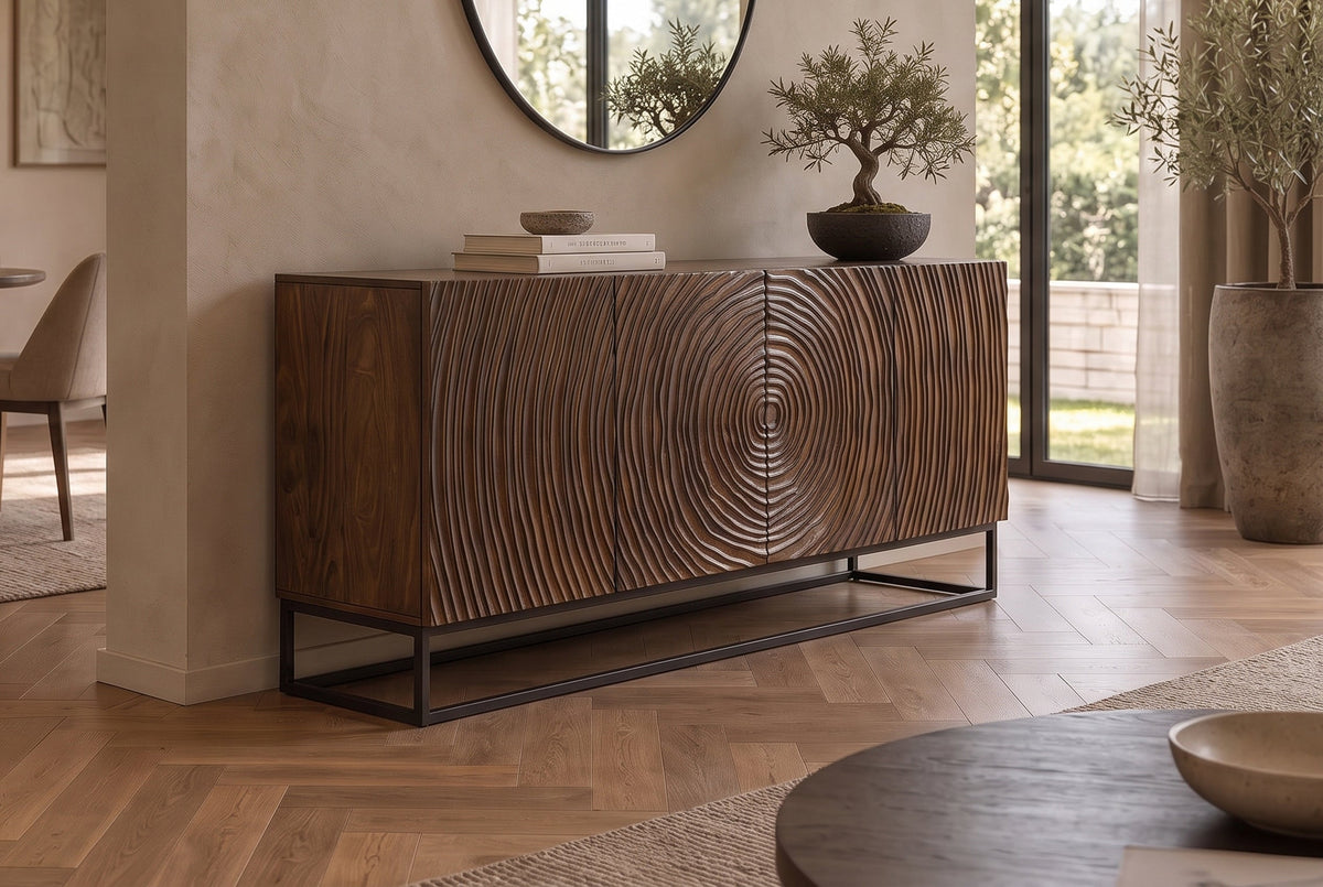 Buffet massif ZEN CIRCLES 160cm bois de manguier marron foncé design 3D
