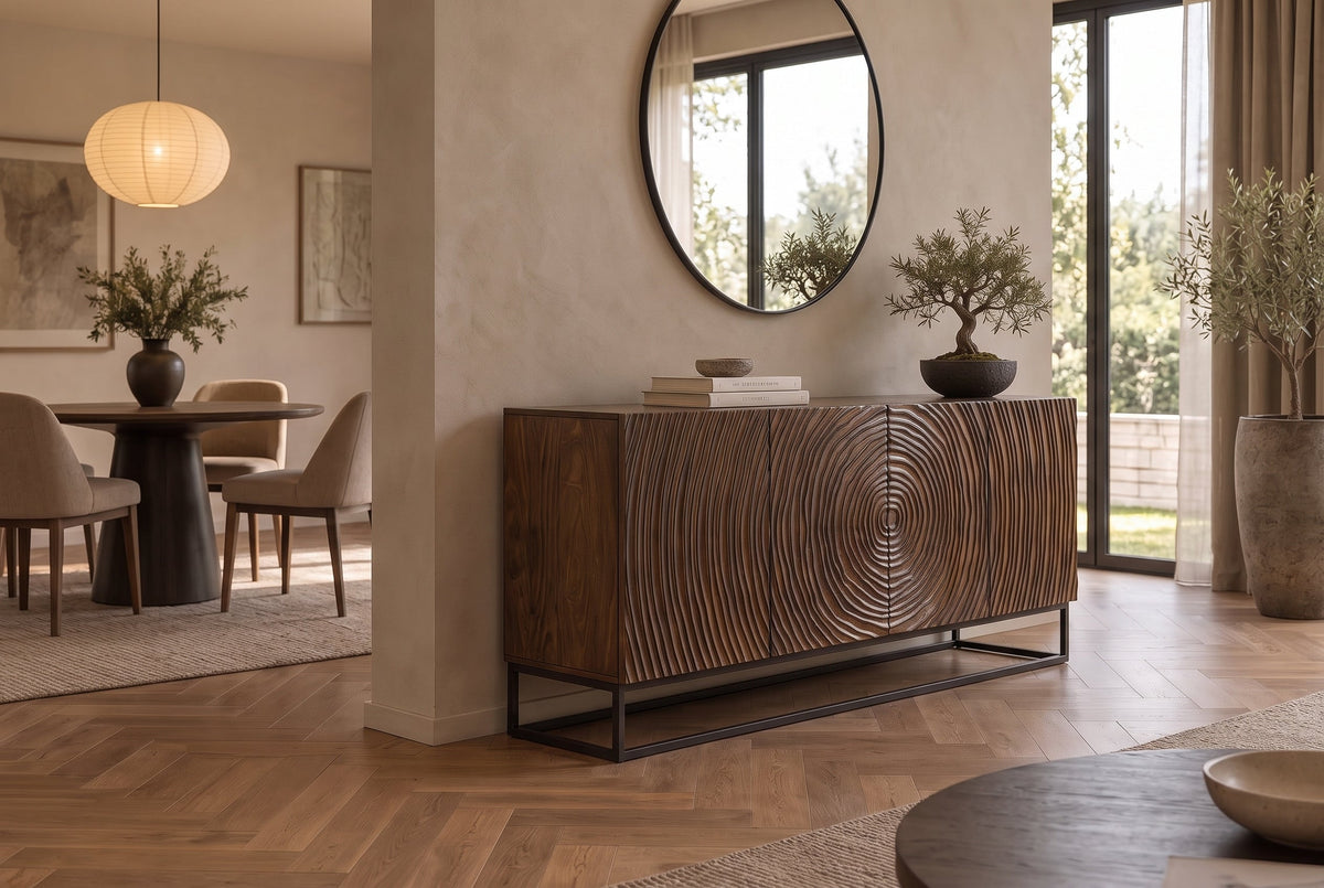 Buffet massif ZEN CIRCLES 160cm bois de manguier marron foncé design 3D