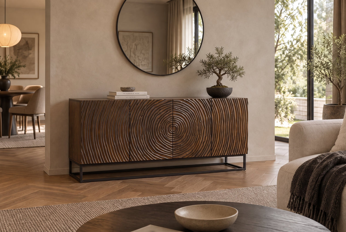 Buffet massif ZEN CIRCLES 160cm bois de manguier marron foncé design 3D
