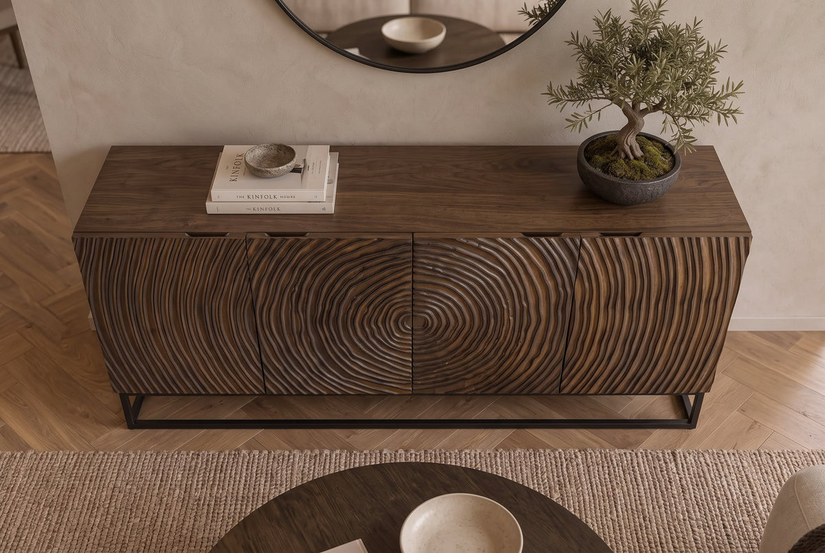 Buffet massif ZEN CIRCLES 160cm bois de manguier marron foncé design 3D