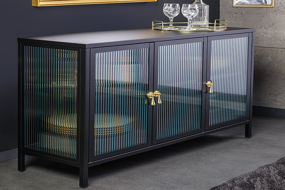 Buffet moderne AMSTERDAM 105cm vitrine en métal verre nervuré noir doré