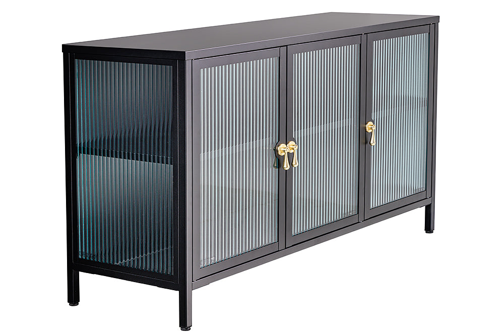 Buffet moderne AMSTERDAM 105cm vitrine en métal verre nervuré noir doré