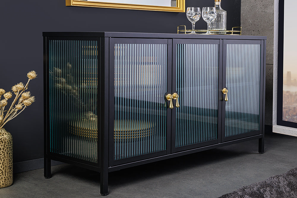 Buffet moderne AMSTERDAM 105cm vitrine en métal verre nervuré noir doré