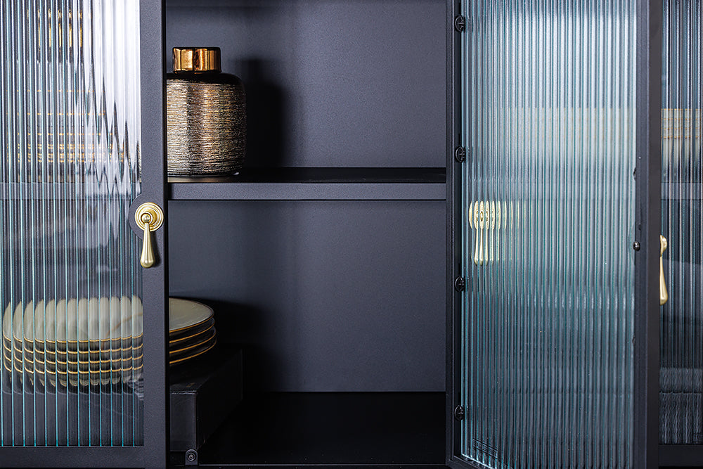 Buffet moderne AMSTERDAM 105cm vitrine en métal verre nervuré noir doré