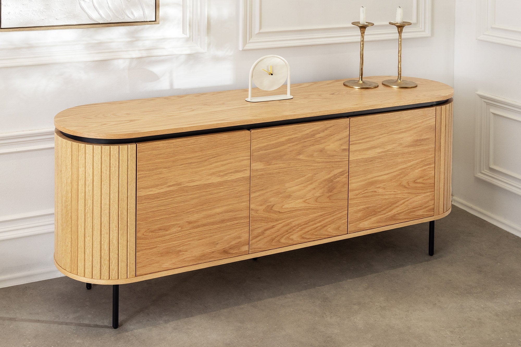 Buffet moderne ATELIER 160cm chêne naturel métal noir quatre compartiments