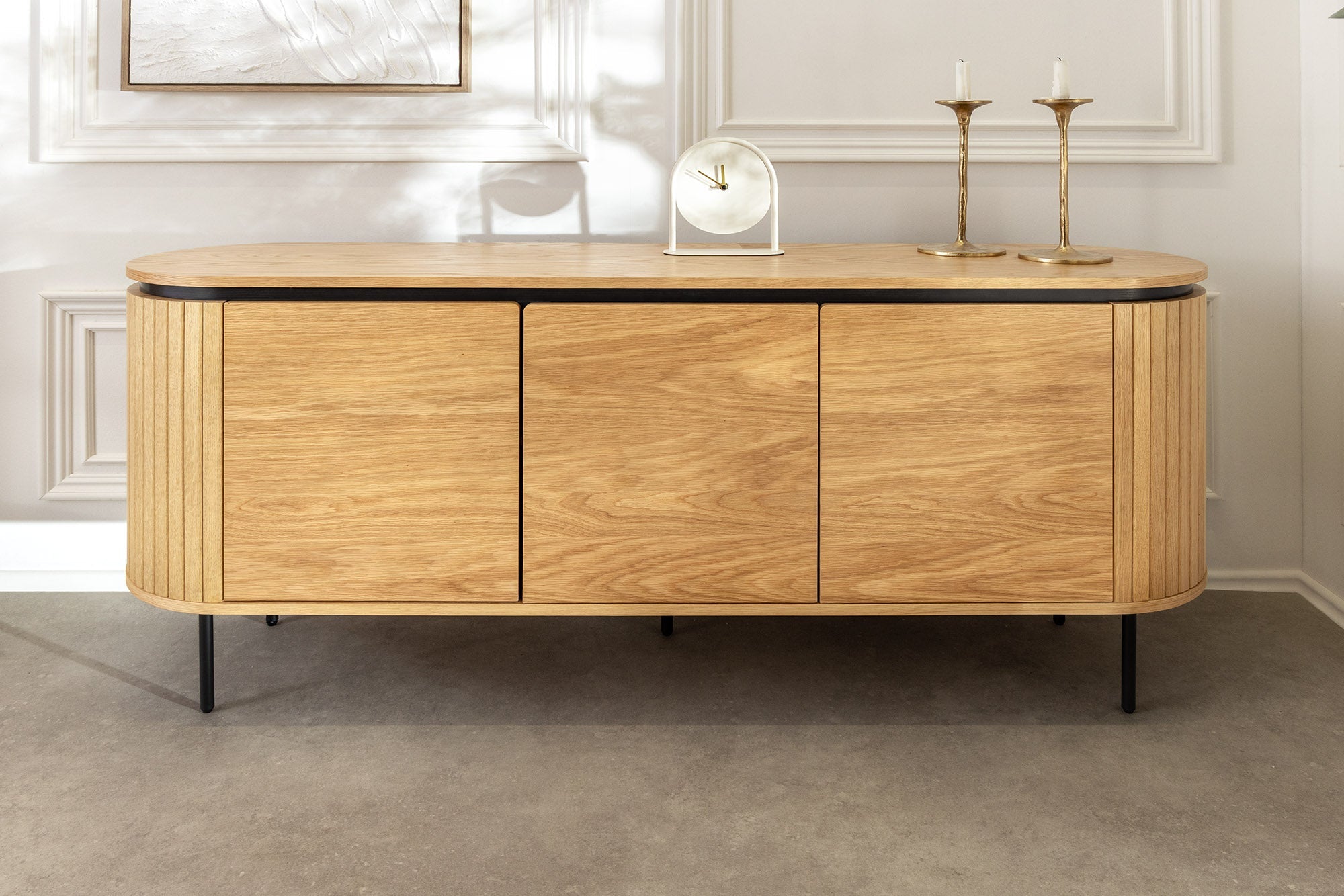 Buffet moderne ATELIER 160cm chêne naturel métal noir quatre compartiments