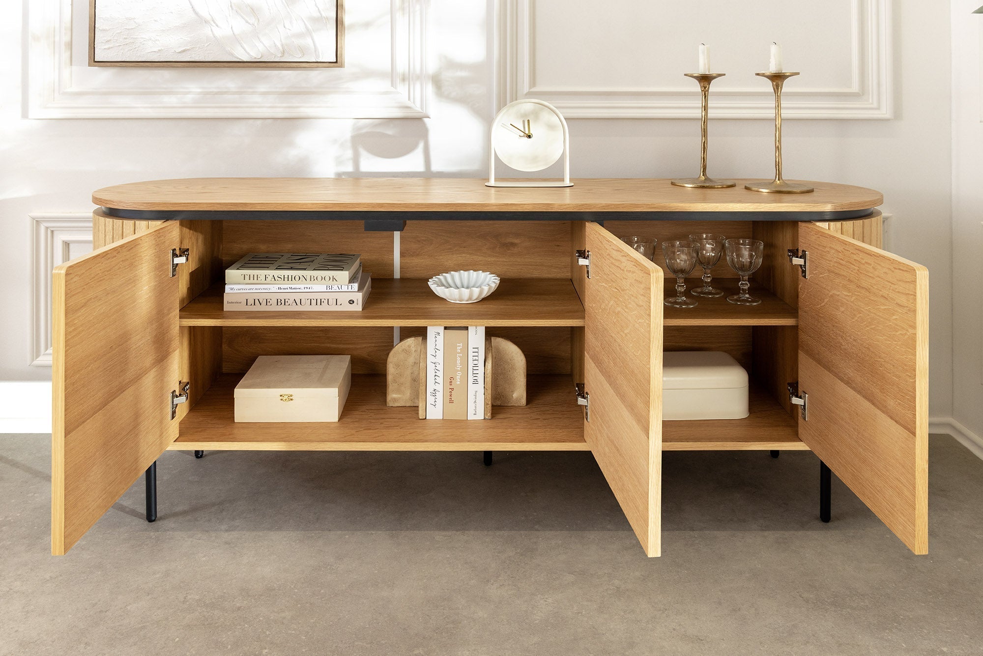 Buffet moderne ATELIER 160cm chêne naturel métal noir quatre compartiments