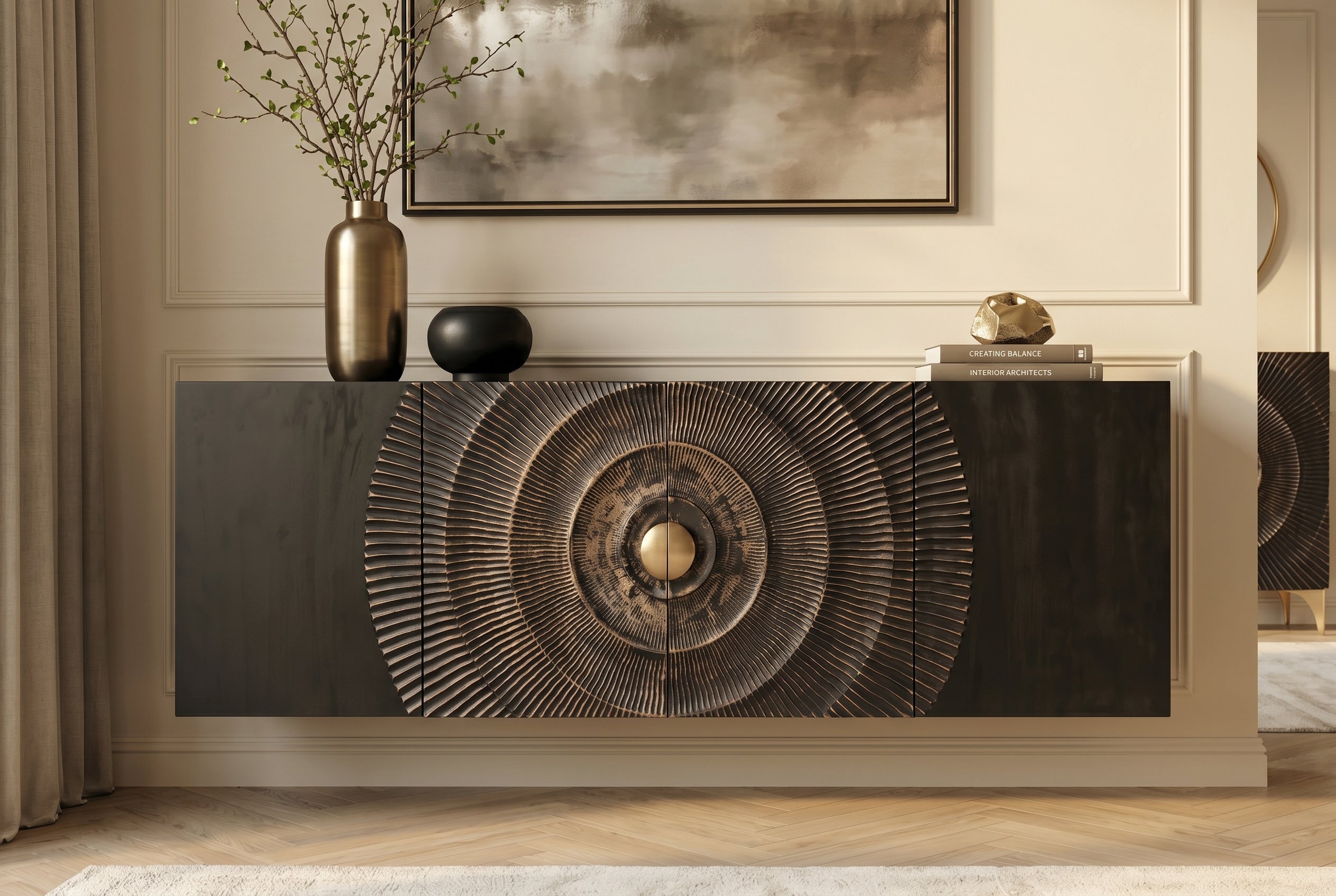 Buffet suspendu GOLDEN SUNSET 180cm noir avec sculptures 3D or bois de manguier massif fait main