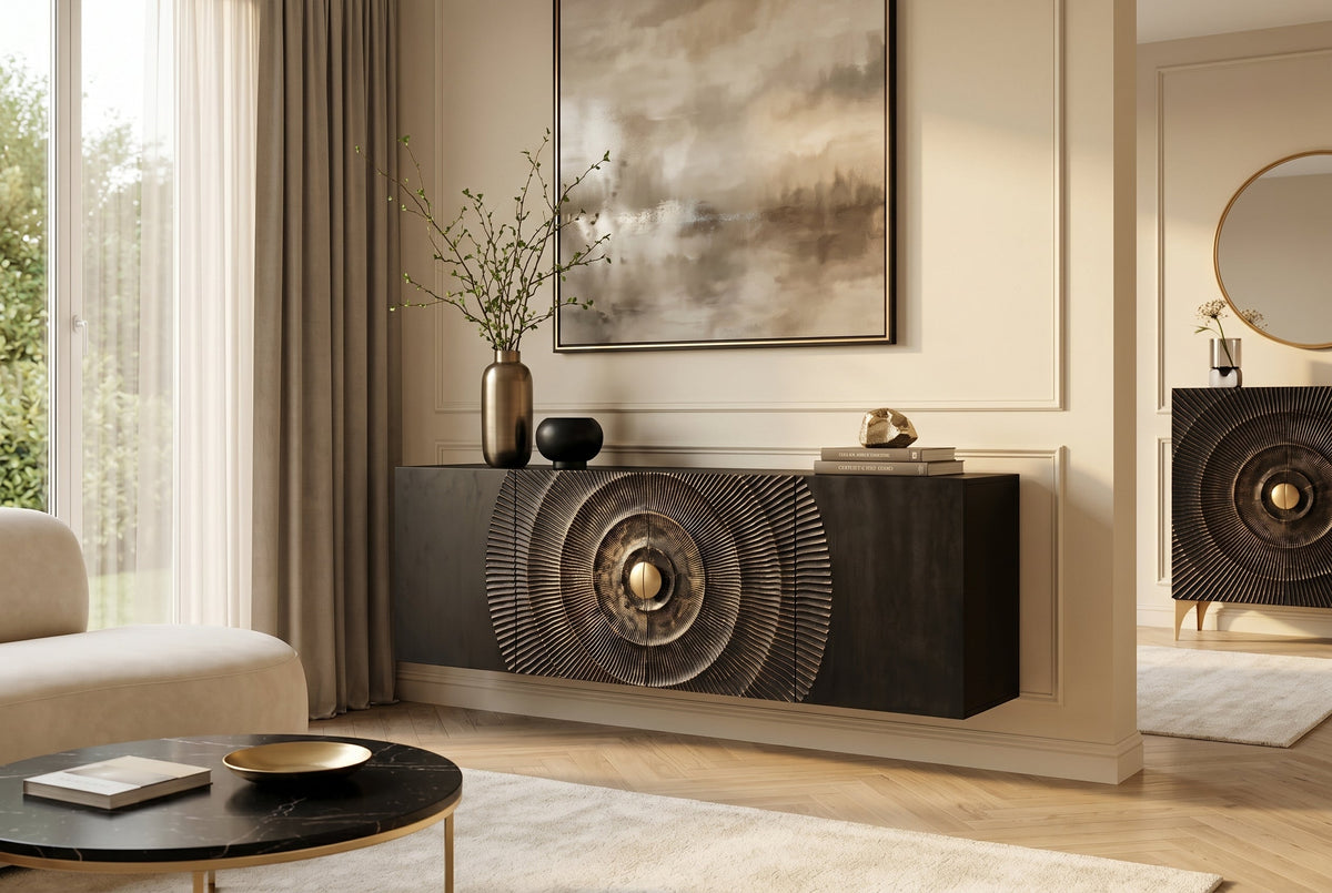 Buffet suspendu GOLDEN SUNSET 180cm noir avec sculptures 3D or bois de manguier massif fait main