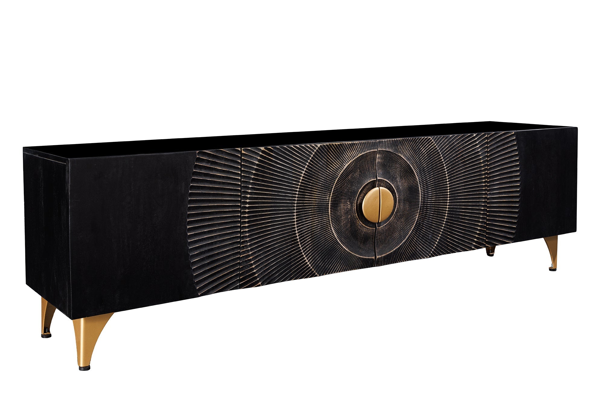 Buffet TV artisanal GOLDEN SUNSET 180cm noir avec sculptures 3D pieds en métal en bois de manguier massif doré
