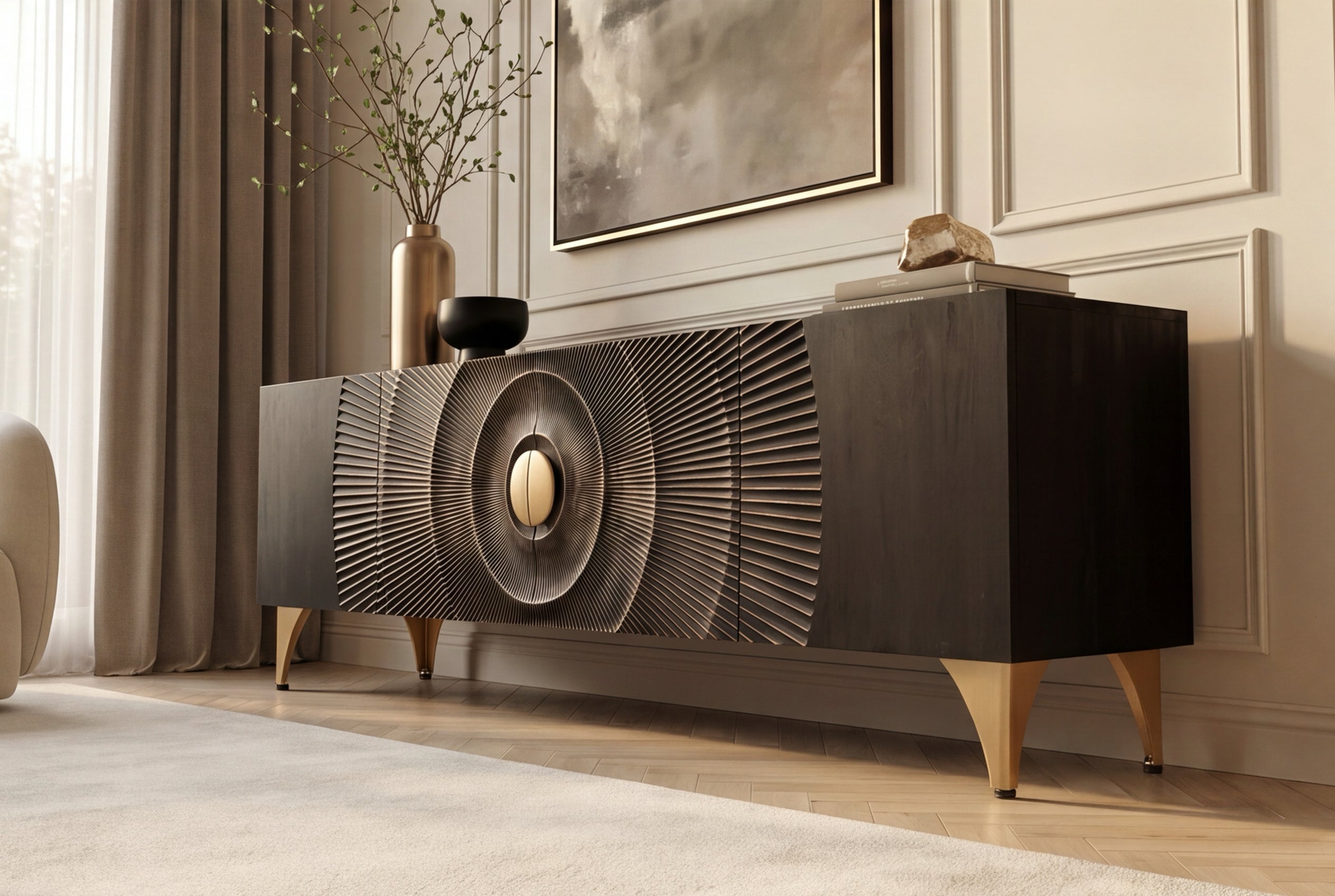 Buffet TV artisanal GOLDEN SUNSET 180cm noir avec sculptures 3D pieds en métal en bois de manguier massif doré