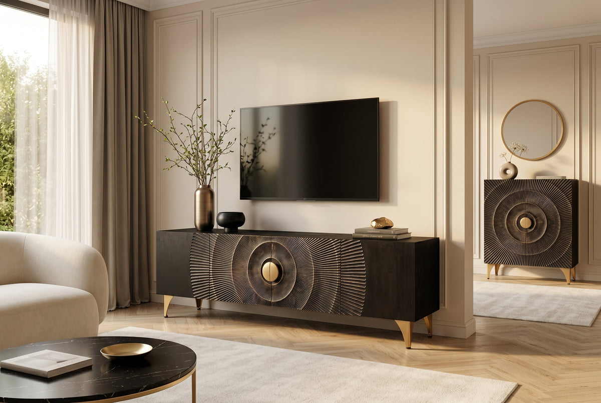 Buffet TV artisanal GOLDEN SUNSET 180cm noir avec sculptures 3D pieds en métal en bois de manguier massif doré