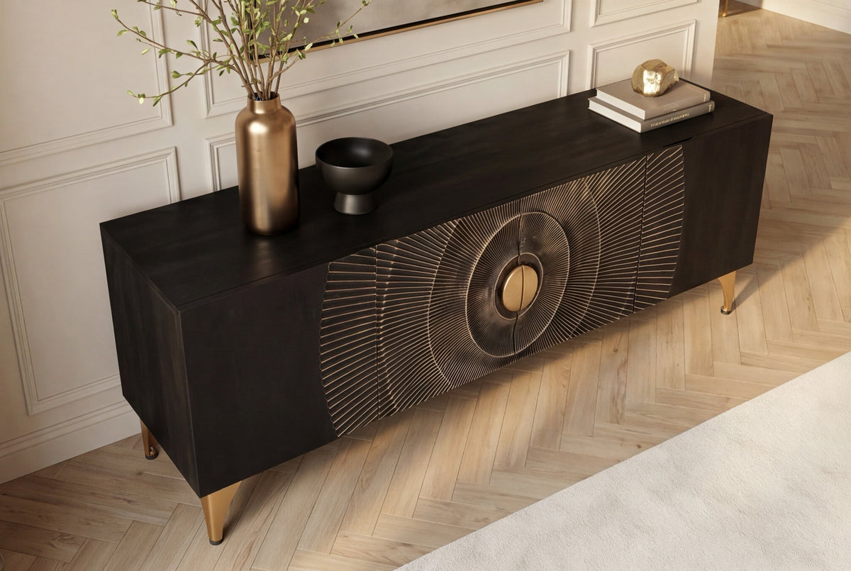 Buffet TV artisanal GOLDEN SUNSET 180cm noir avec sculptures 3D pieds en métal en bois de manguier massif doré