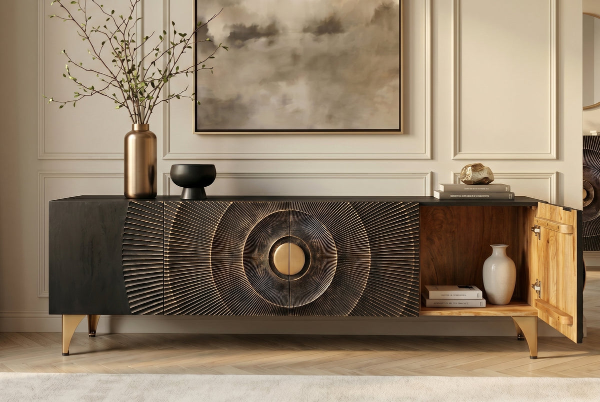 Buffet TV artisanal GOLDEN SUNSET 180cm noir avec sculptures 3D pieds en métal en bois de manguier massif doré