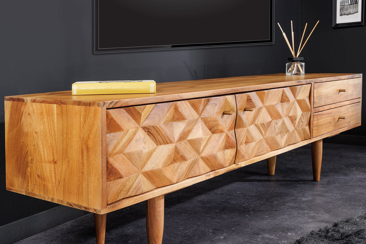 Buffet TV en bois massif ALPINE 145cm acacia naturel design rétro finition miel