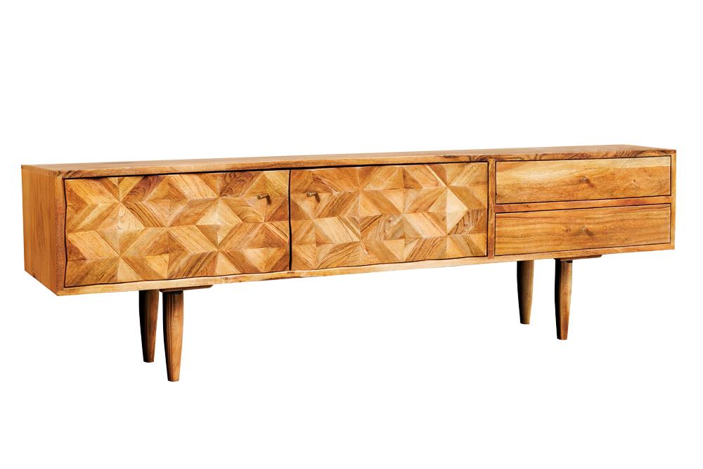 Buffet TV en bois massif ALPINE 145cm acacia naturel design rétro finition miel