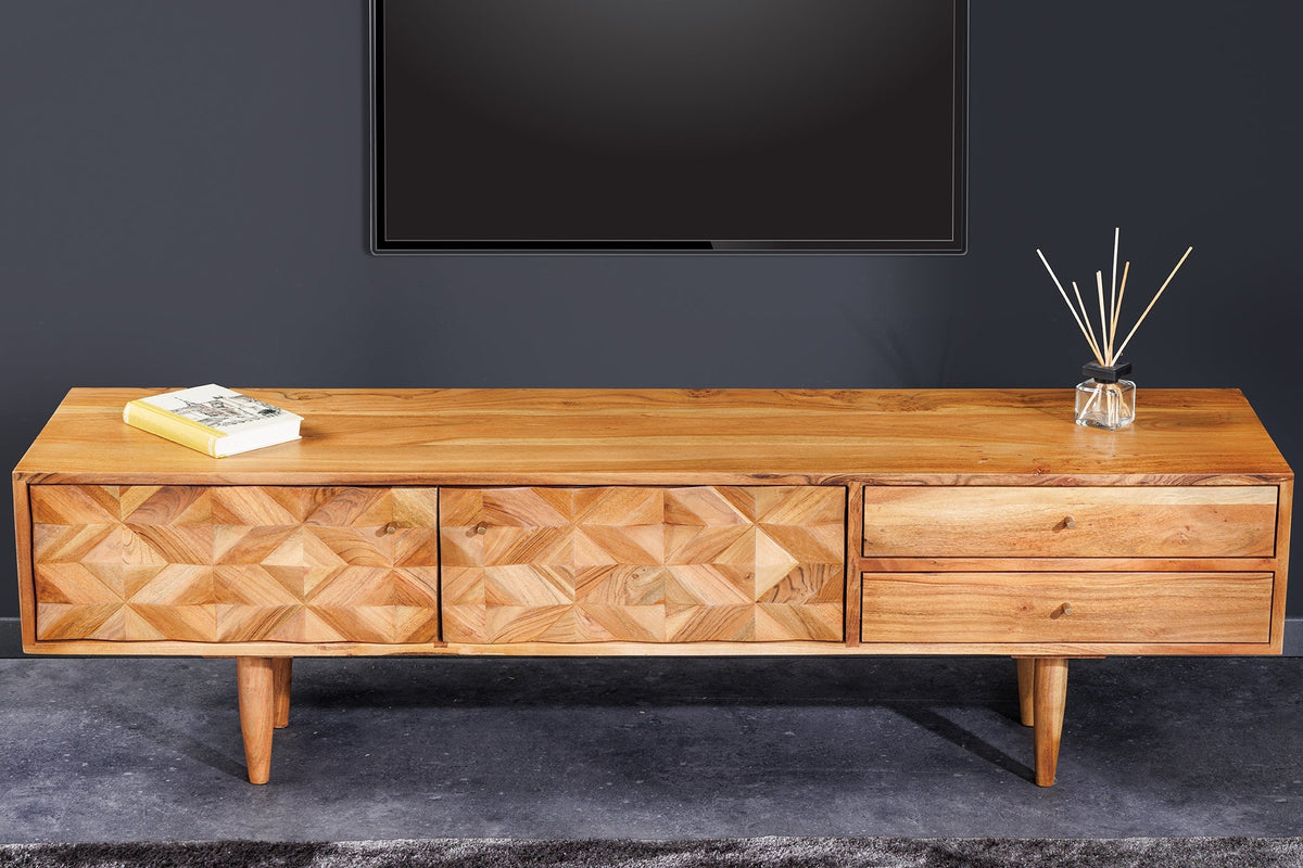 Buffet TV en bois massif ALPINE 145cm acacia naturel design rétro finition miel