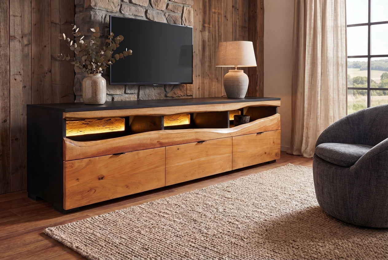 Buffet TV en bois massif GRAND ACACIA 180cm acacia marron avec éclairage LED bord d’arbre