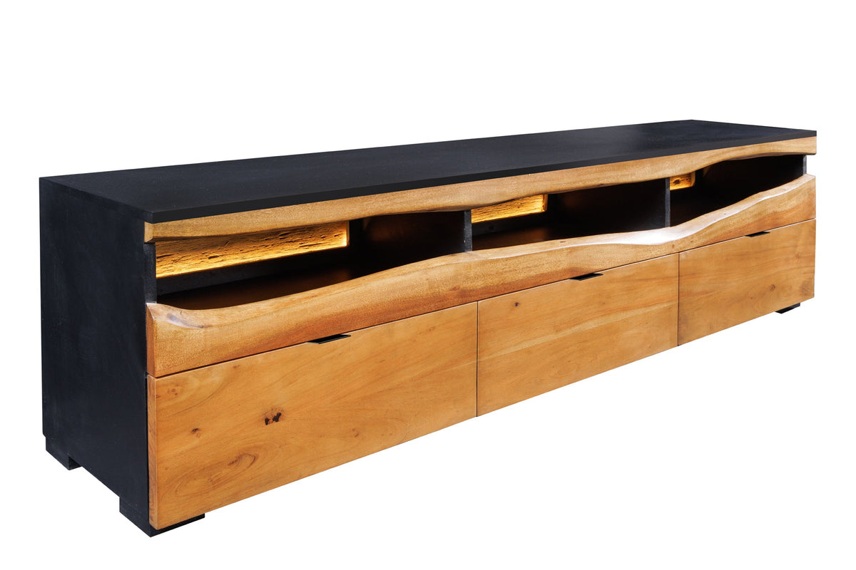 Buffet TV en bois massif GRAND ACACIA 180cm acacia marron avec éclairage LED bord d’arbre