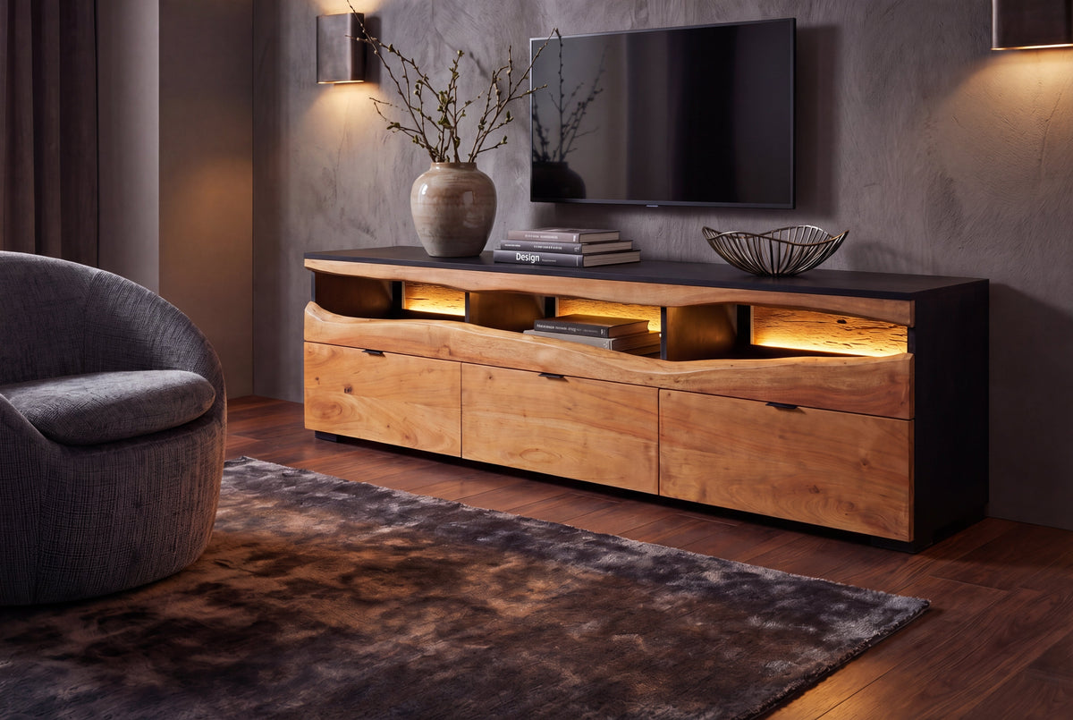 Buffet TV en bois massif GRAND ACACIA 180cm acacia marron avec éclairage LED bord d’arbre