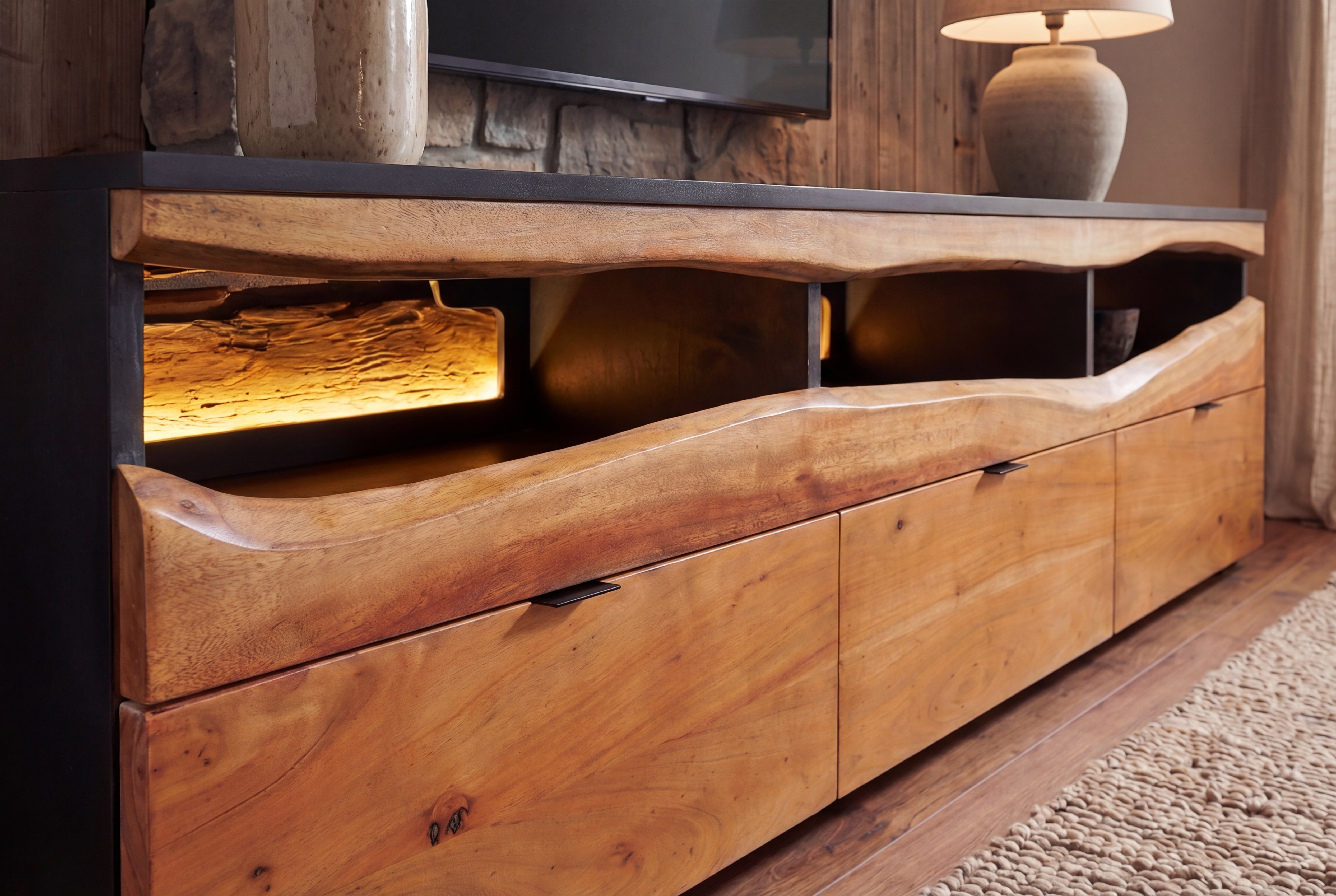 Buffet TV en bois massif GRAND ACACIA 180cm acacia marron avec éclairage LED bord d’arbre