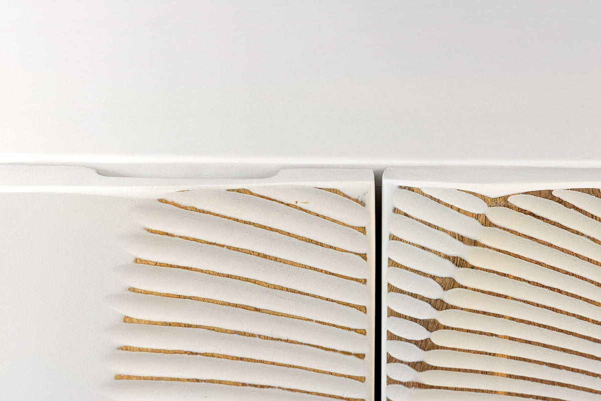 Buffet TV massif GOLDEN SUNSET 180cm or blanc bois de manguier sculptures 3D pieds métal