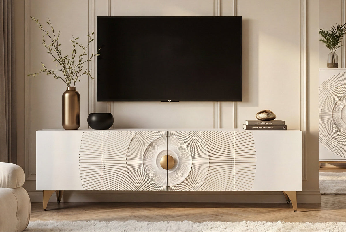 Buffet TV massif GOLDEN SUNSET 180cm or blanc bois de manguier sculptures 3D pieds métal