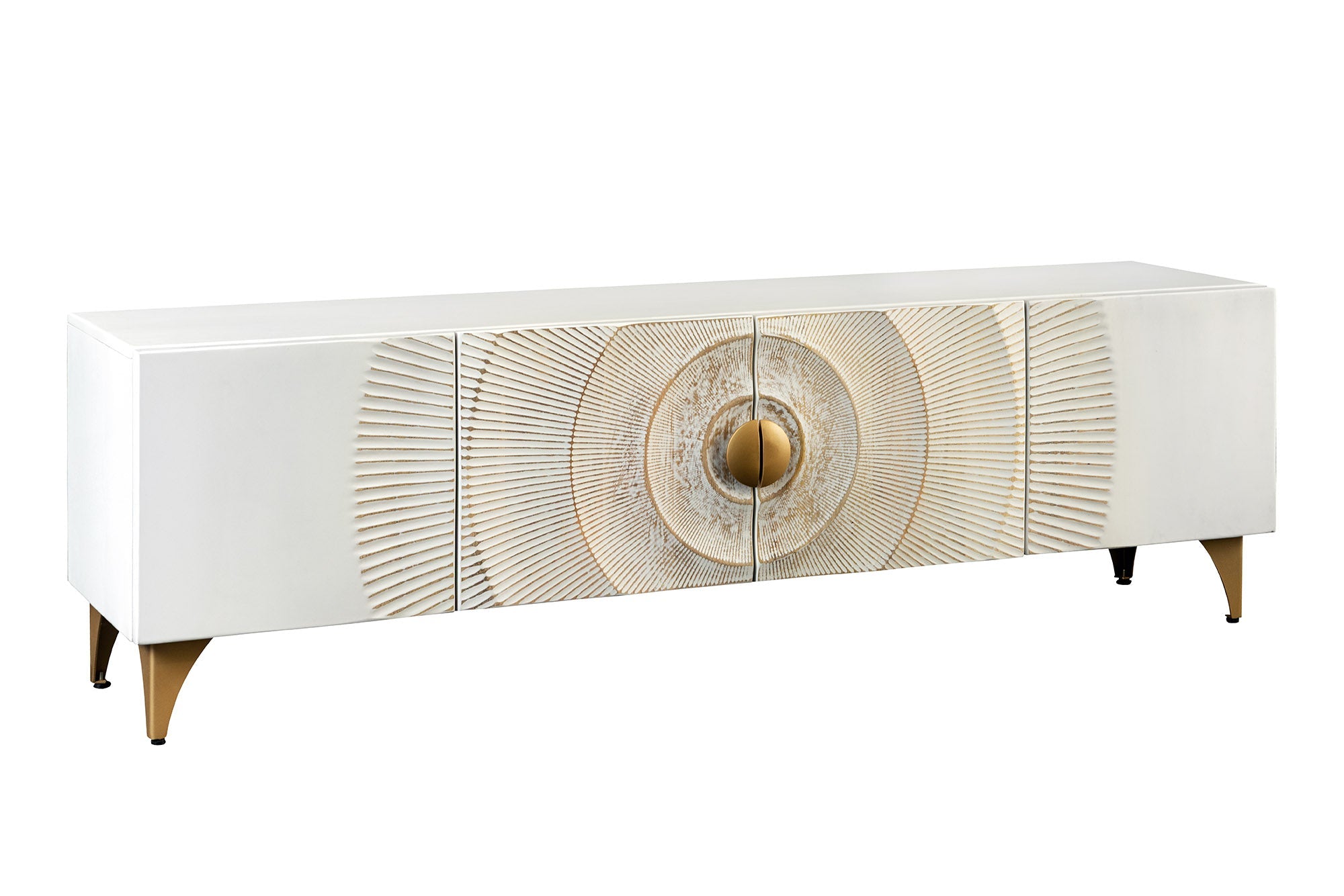 Buffet TV massif GOLDEN SUNSET 180cm or blanc bois de manguier sculptures 3D pieds métal