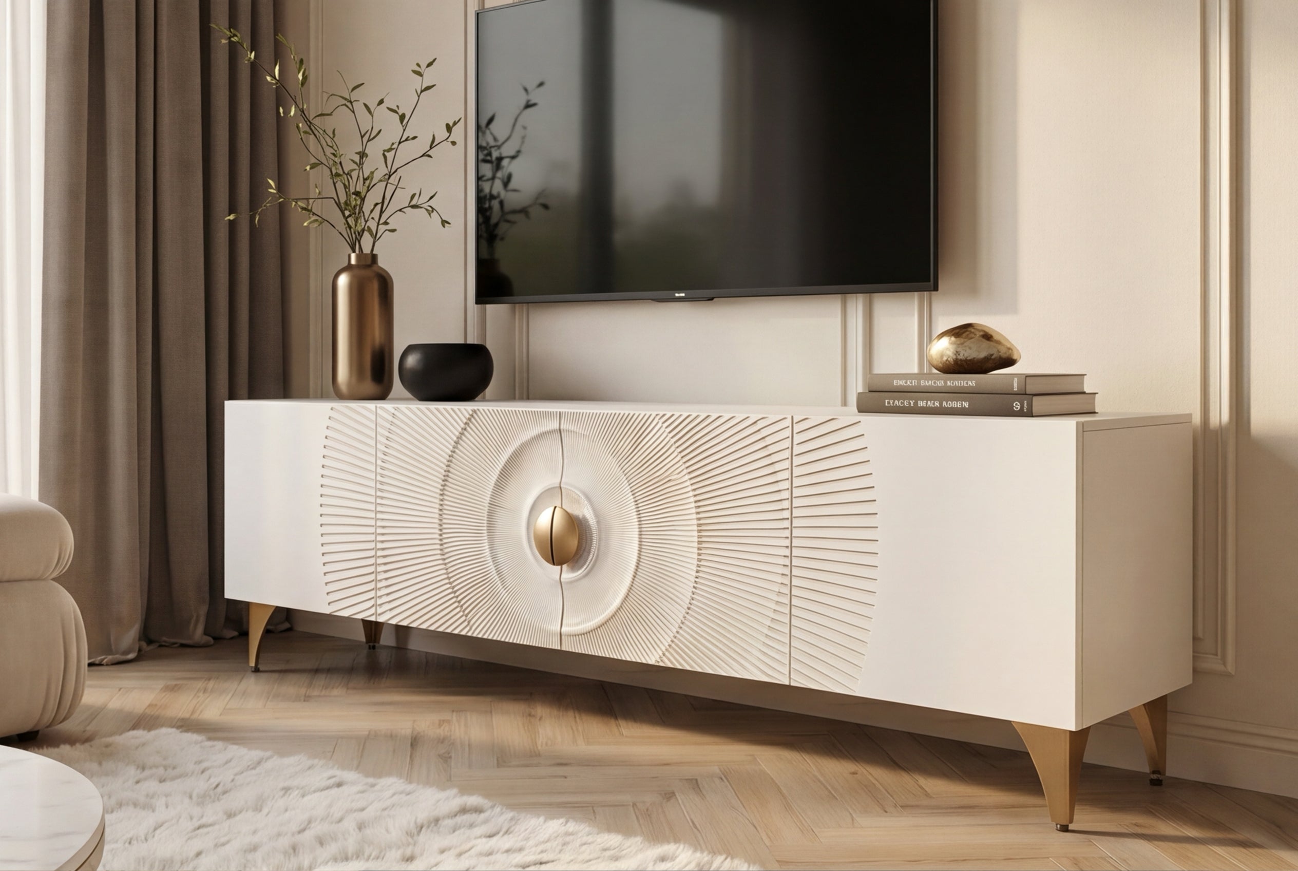 Buffet TV massif GOLDEN SUNSET 180cm or blanc bois de manguier sculptures 3D pieds métal