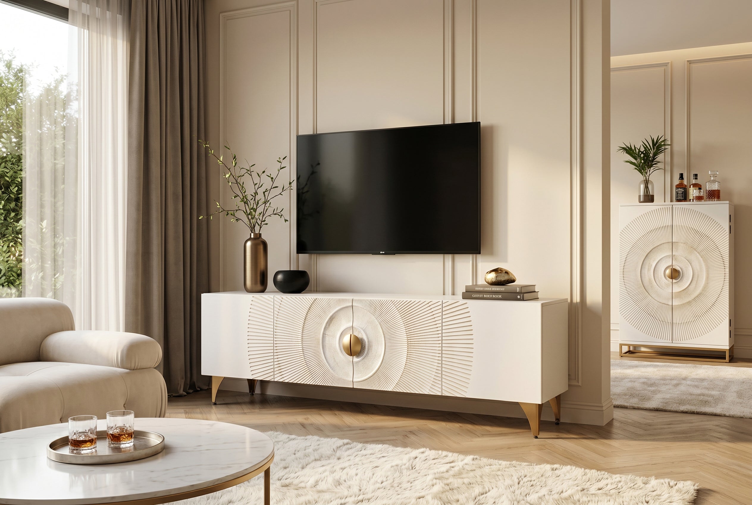Buffet TV massif GOLDEN SUNSET 180cm or blanc bois de manguier sculptures 3D pieds métal