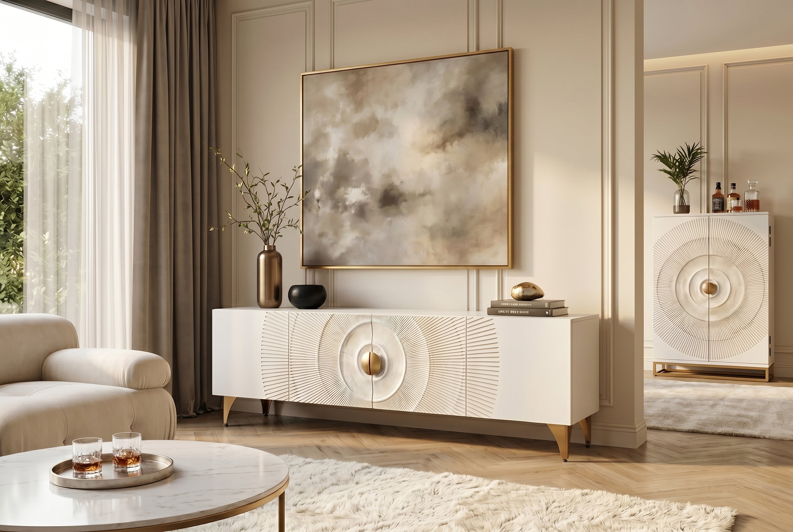 Buffet TV massif GOLDEN SUNSET 180cm or blanc bois de manguier sculptures 3D pieds métal