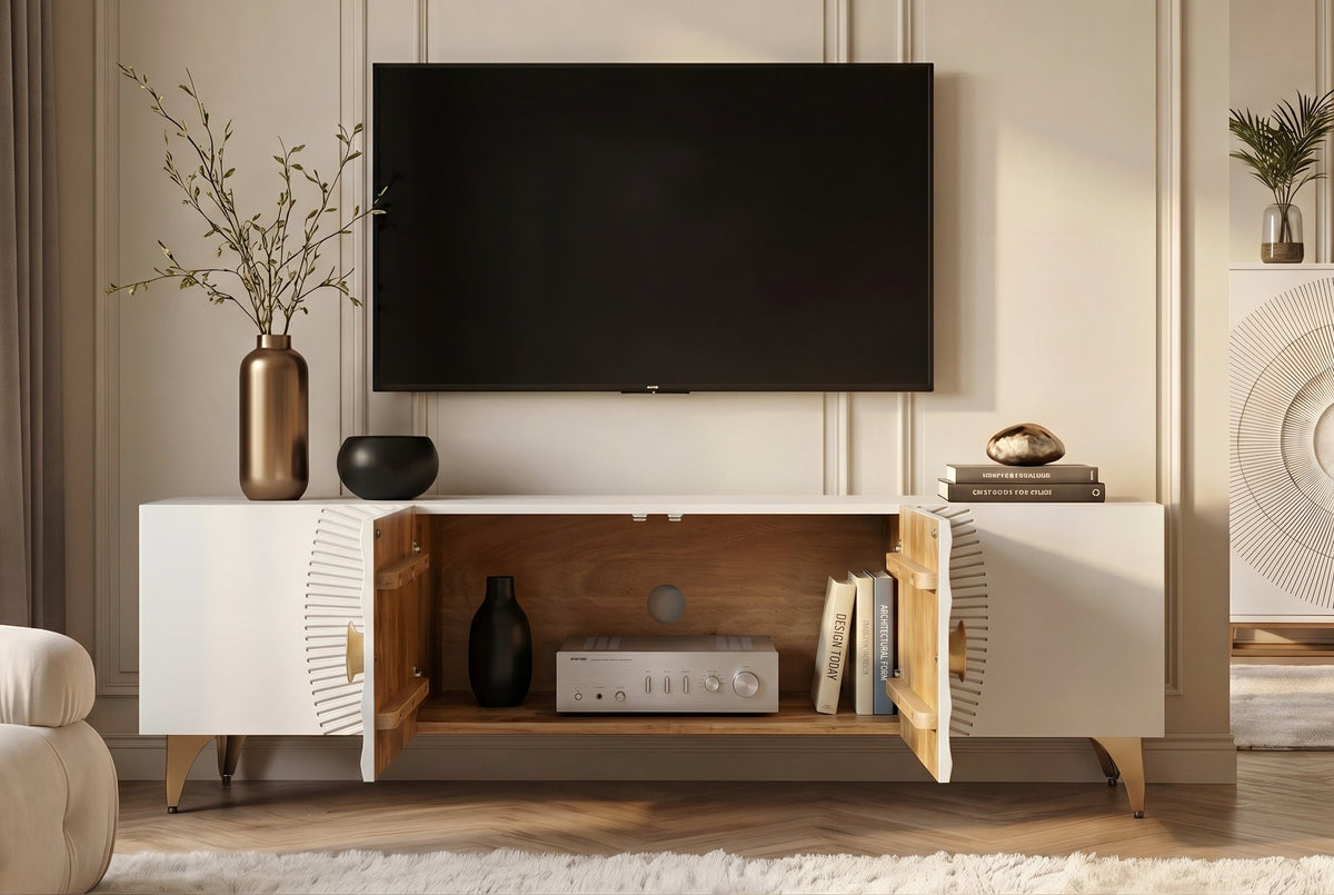 Buffet TV massif GOLDEN SUNSET 180cm or blanc bois de manguier sculptures 3D pieds métal