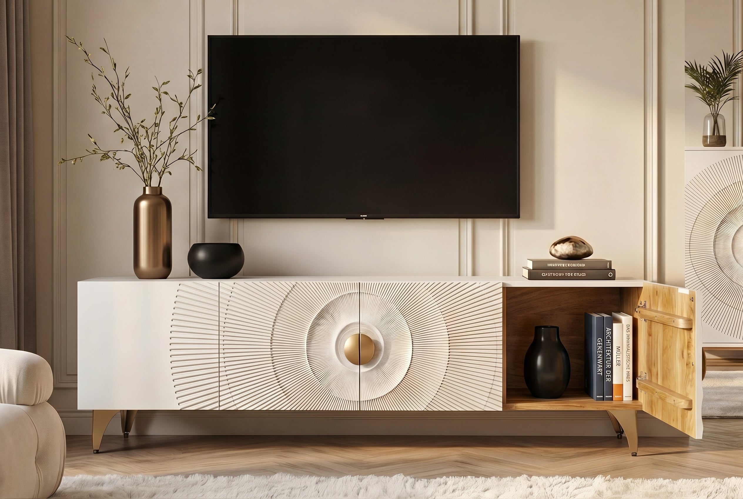 Buffet TV massif GOLDEN SUNSET 180cm or blanc bois de manguier sculptures 3D pieds métal