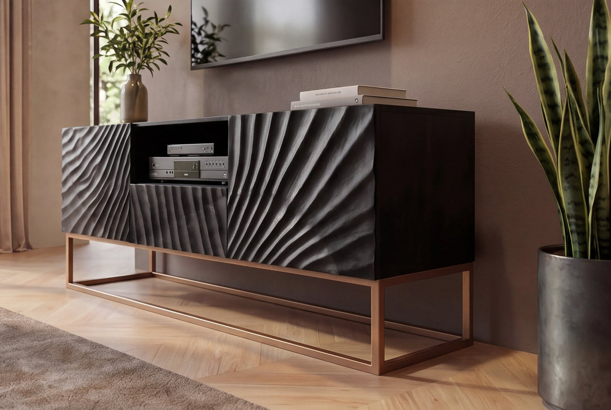 Buffet TV massif SCORPION 160cm en bois de manguier noir avec sculptures 3D élaborées