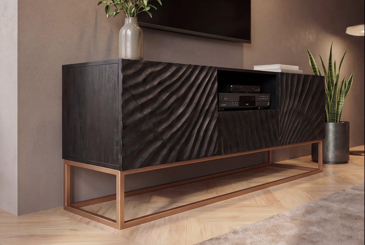 Buffet TV massif SCORPION 160cm en bois de manguier noir avec sculptures 3D élaborées