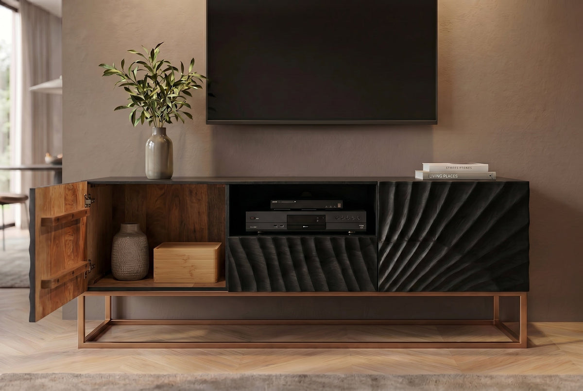 Buffet TV massif SCORPION 160cm en bois de manguier noir avec sculptures 3D élaborées