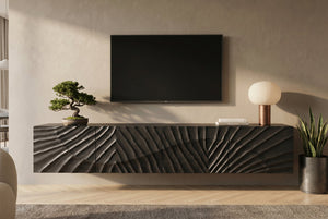 Buffet TV massif SCORPION 200cm noir suspendu en manguier design 3D