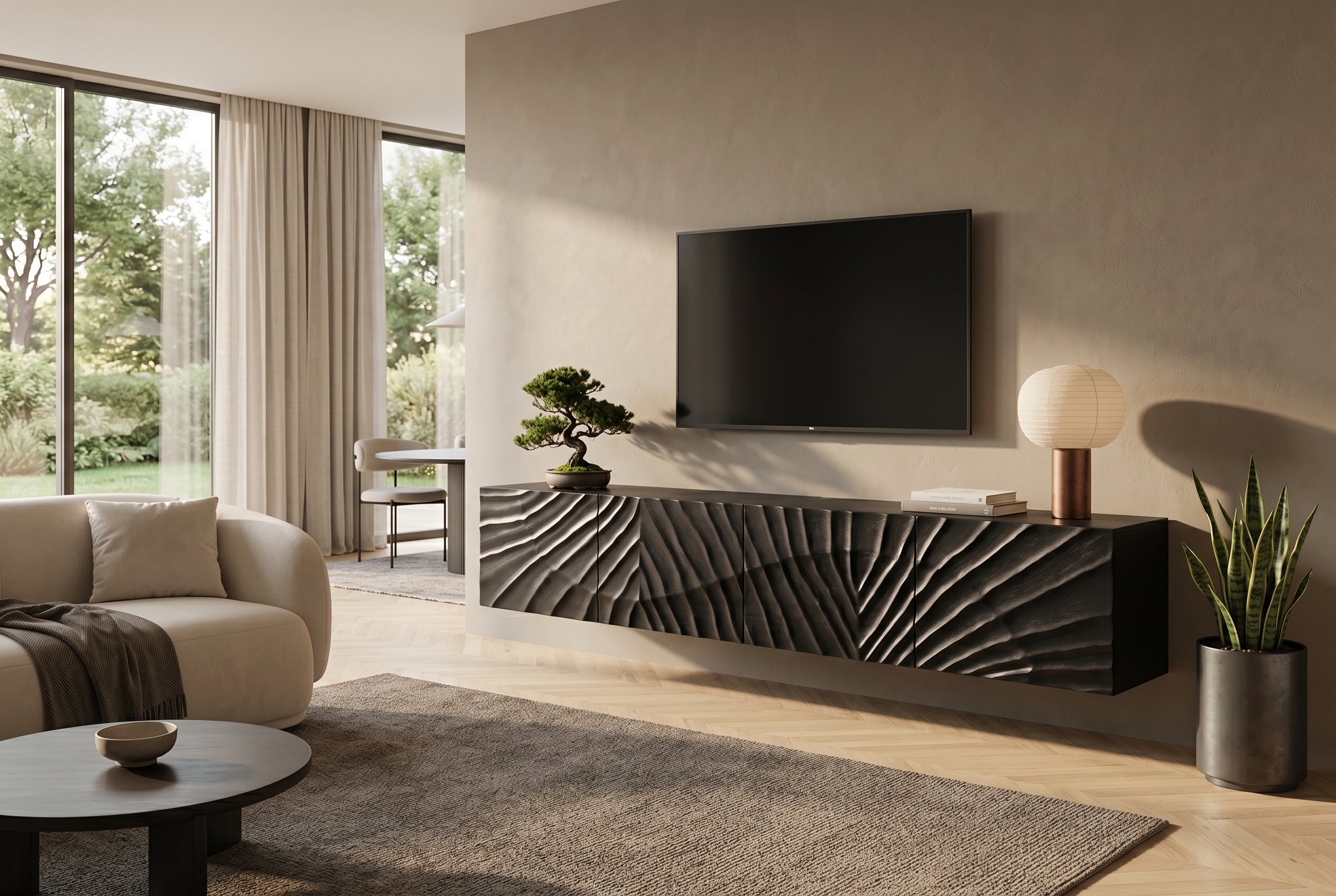 Buffet TV massif SCORPION 200cm noir suspendu en manguier design 3D