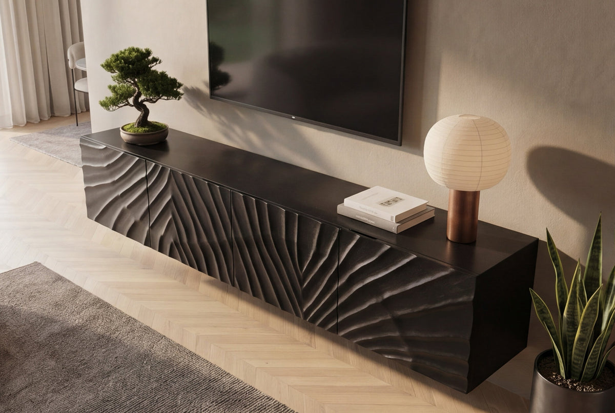 Buffet TV massif SCORPION 200cm noir suspendu en manguier design 3D