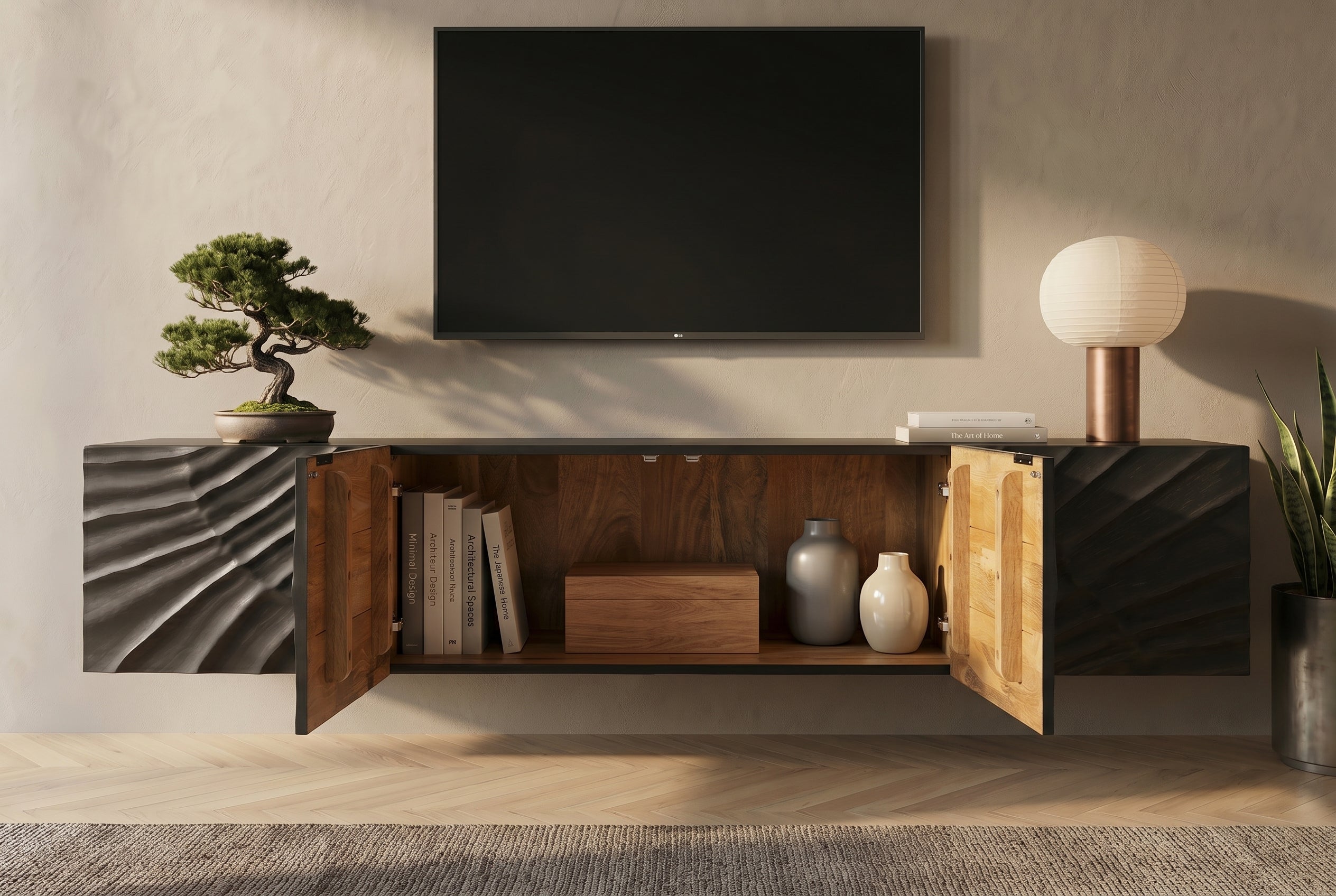 Buffet TV massif SCORPION 200cm noir suspendu en manguier design 3D