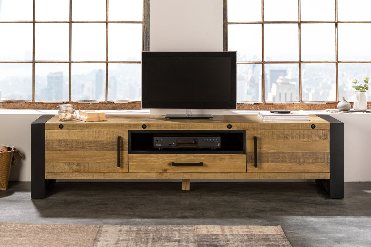 Buffet TV massif THOR 200cm en bois de pin recyclé au design industriel