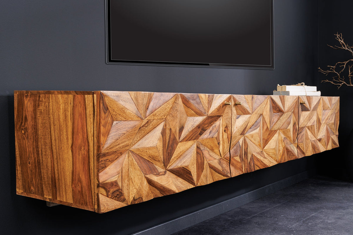Buffet TV suspendu ALPINE 160cm marron Sheesham bois massif finition pierre métal doré