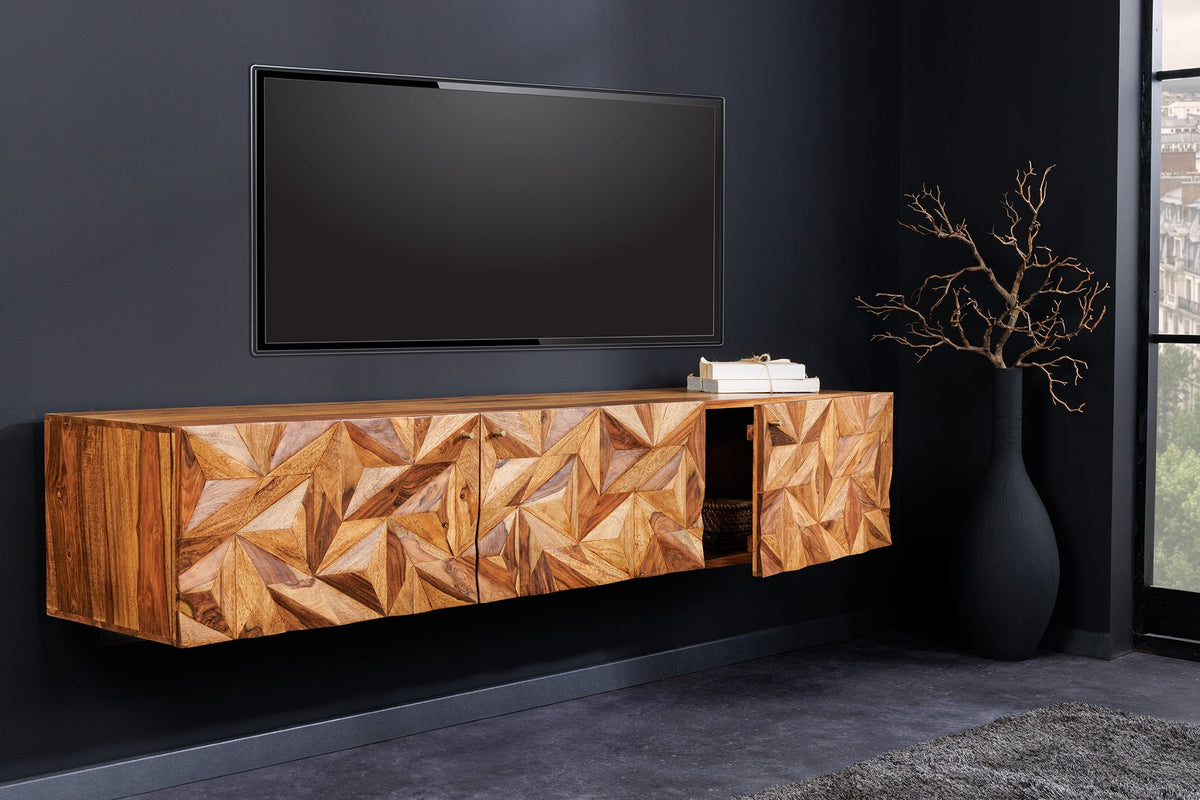 Buffet TV suspendu ALPINE 160cm marron Sheesham bois massif finition pierre métal doré