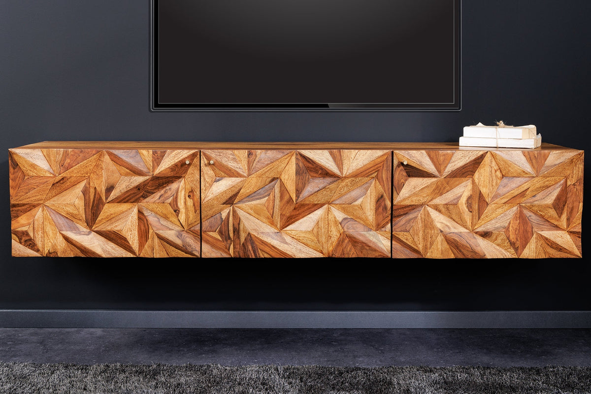 Buffet TV suspendu ALPINE 160cm marron Sheesham bois massif finition pierre métal doré