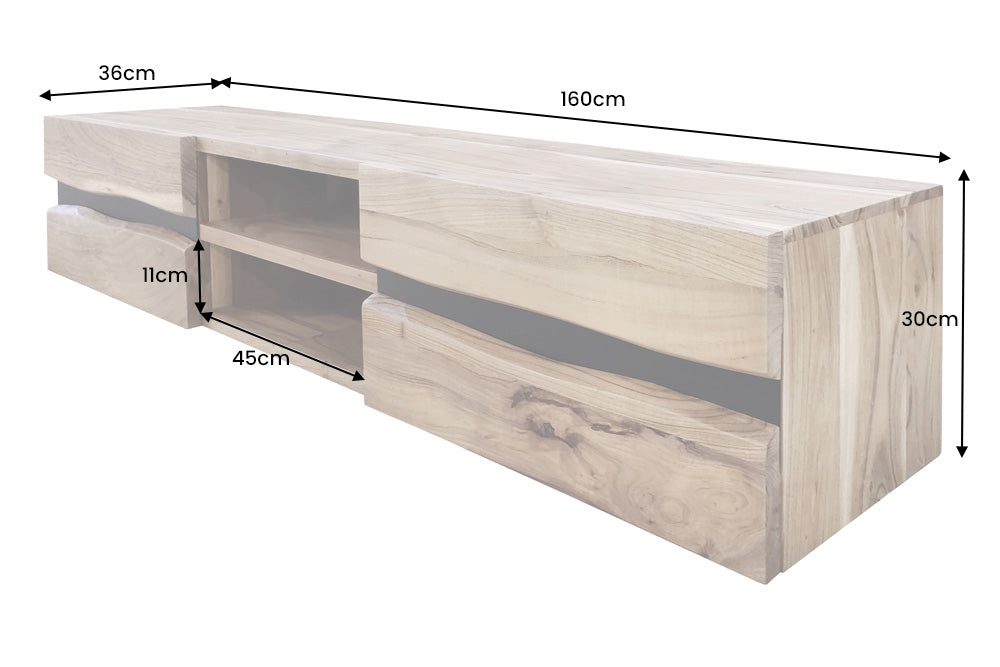 Buffet TV suspendu AMAZONAS 160cm bois massif d’acacia naturel bord d’arbre métal noir