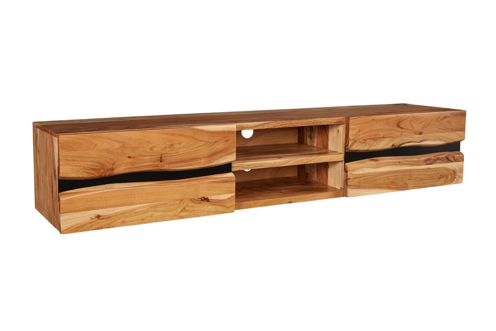 Buffet TV suspendu AMAZONAS 160cm bois massif d’acacia naturel bord d’arbre métal noir