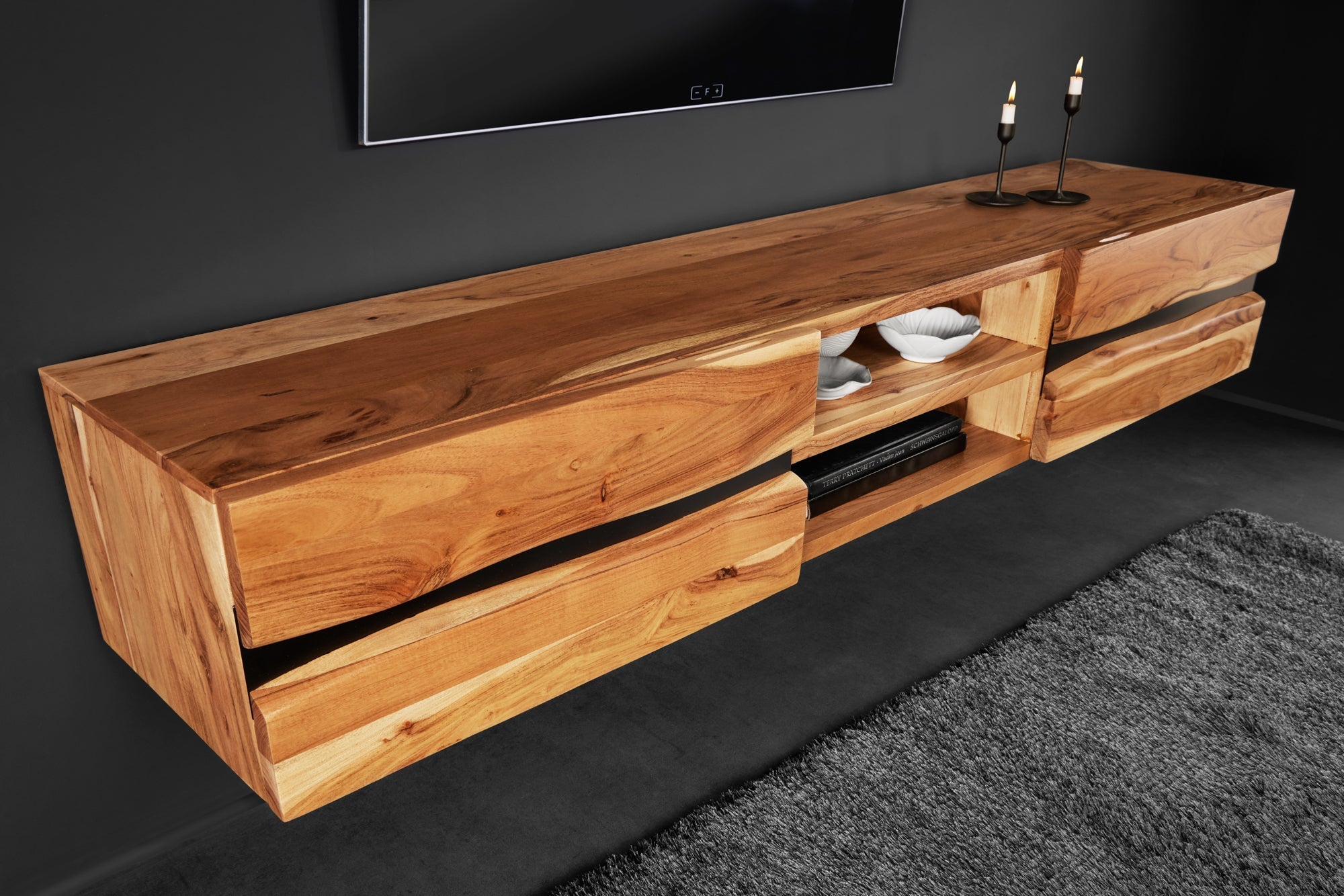 Buffet TV suspendu AMAZONAS 160cm bois massif d’acacia naturel bord d’arbre métal noir