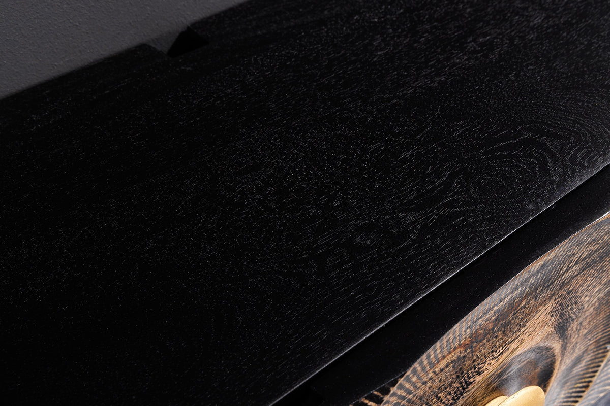 Buffet TV suspendu GOLDEN SUNSET 160cm en bois de manguier noir avec sculptures 3D dorées faites à la main